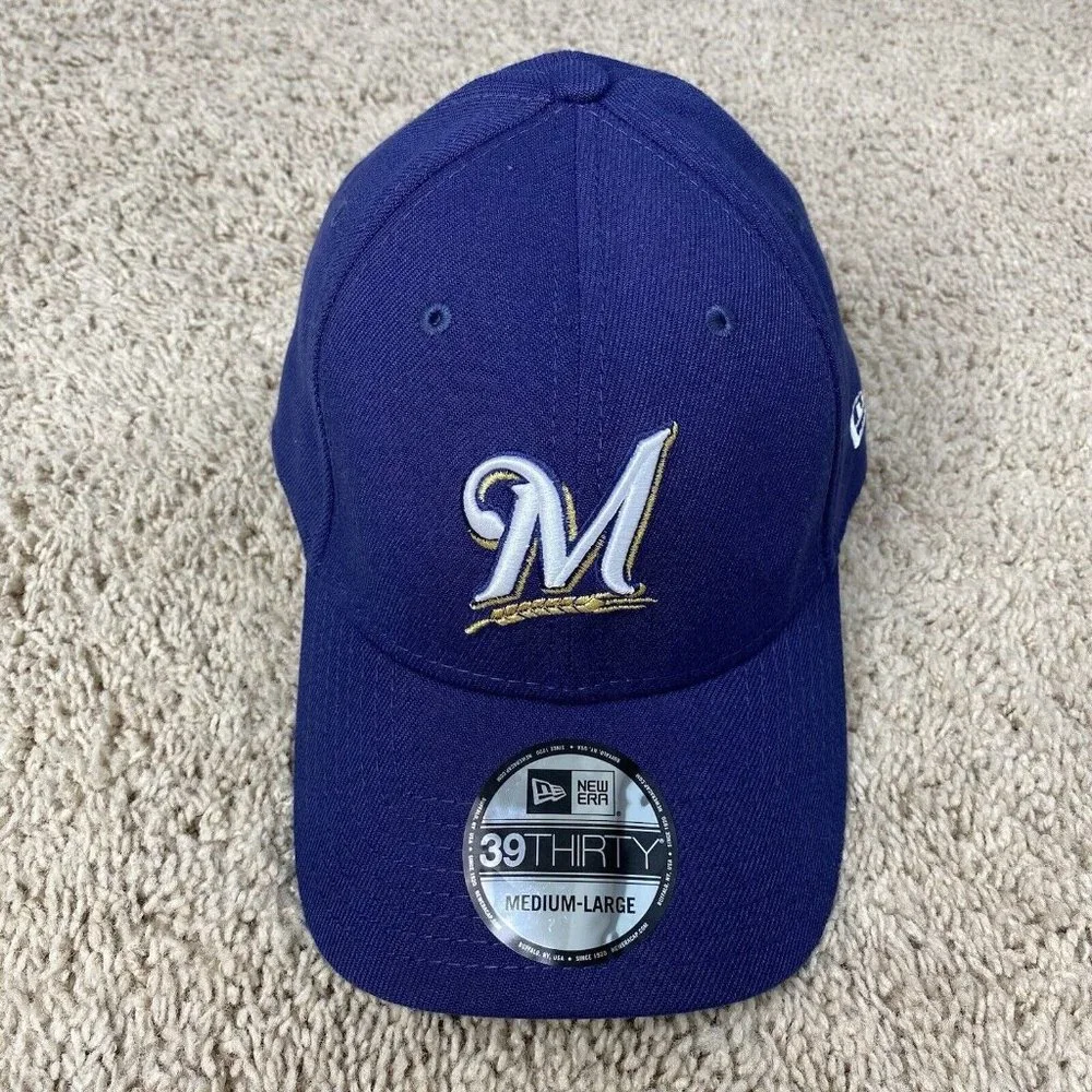 New Era Milwaukee Brewers MLB Hat Team Classic 39THIRTY Medium/Large‎ Blue Cap